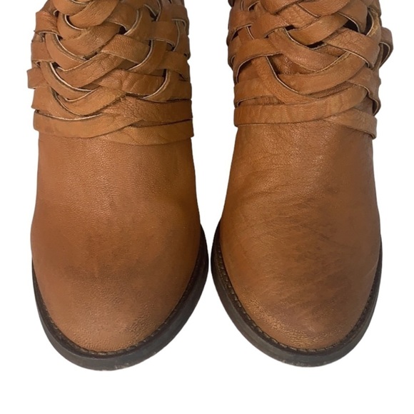 - Free People Brown Distressed Leather Carrera Criss-Cross Stacked Heel Bootie - Picture 4 of 10